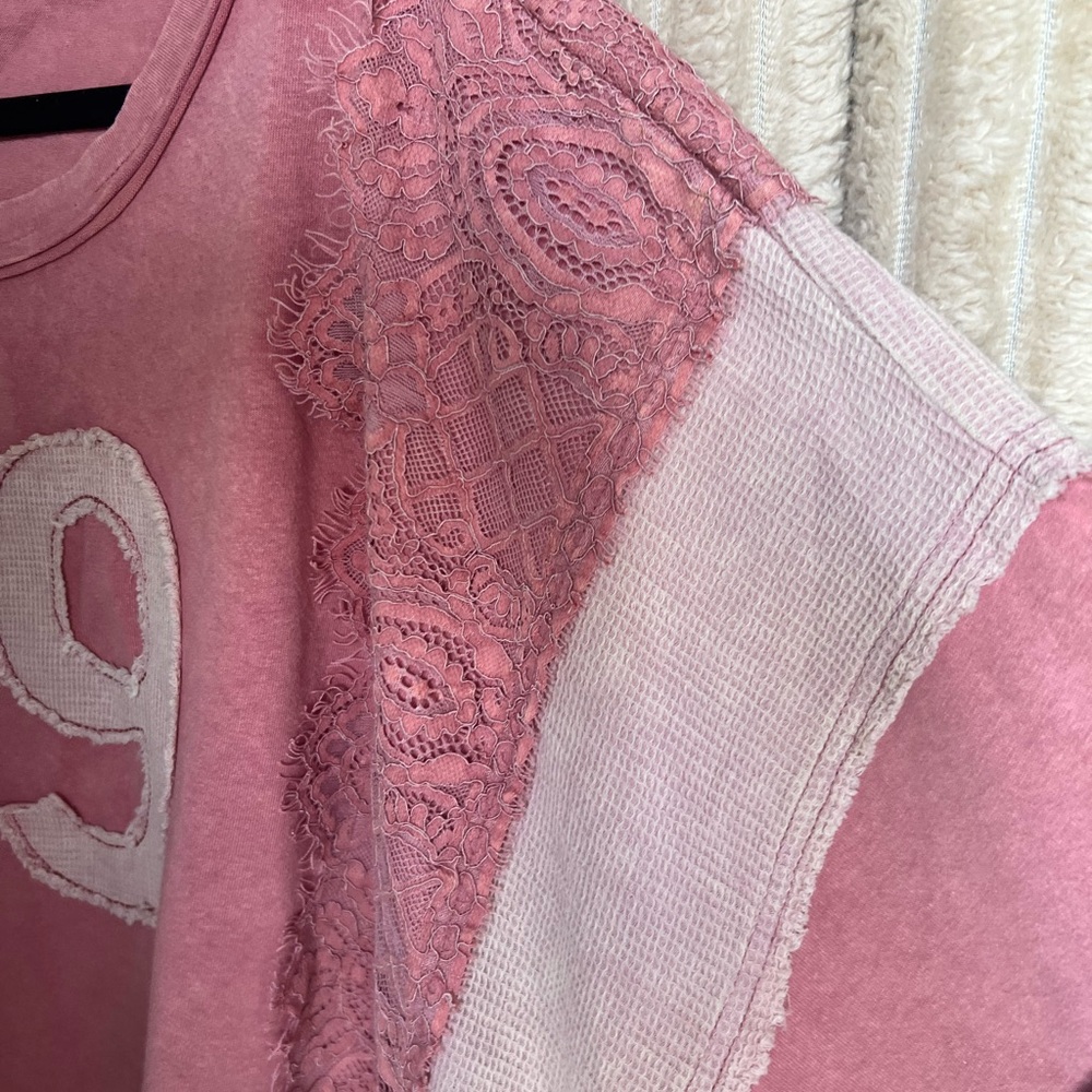 Women's Pink Lace Accent '79' Short Sleeve Tee - Picture 3 of 6